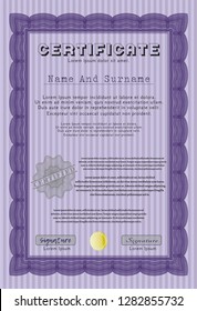 Violet Diploma template. Vector illustration. With complex linear background. Money Pattern design. 