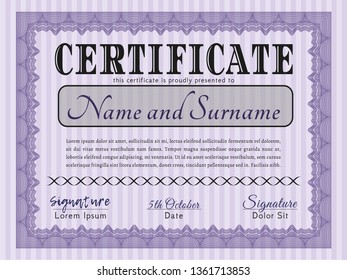 Violet Diploma template. Vector illustration. With background. Artistry design. 