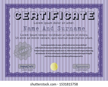 Violet Diploma template. Vector illustration. With guilloche pattern. Money style design. 