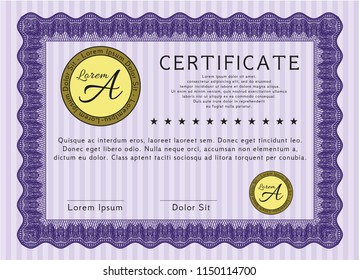 Violet Diploma. Vector illustration. Complex background. Cordial design. 