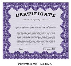 Violet Diploma. Vector illustration. With complex linear background. Artistry design. 