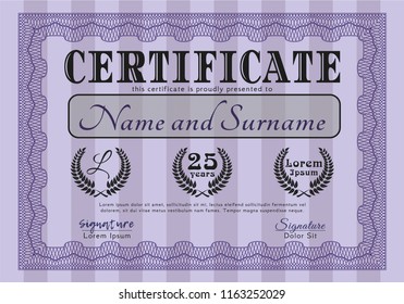 Violet Diploma. Vector illustration. With guilloche pattern and background. Perfect design. 