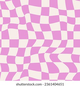 Violet distorted checkerboard background. Retro psychedelic checkered wallpaper. Wavy groovy chessboard surface. Trippy twisted geometric pattern. Abstract vector backdrop illustration