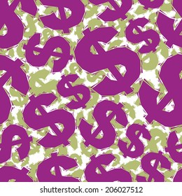 Violet dollar signs seamless pattern, geometric contemporary style repeating vector background, best for use as web backgrounds and wallpapers.