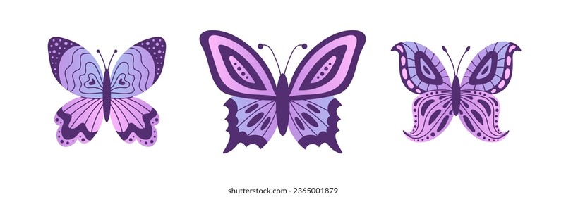 Violet doodle butterflies set. Cute decorative moth collection with purple and pink gradient effect. Y2k Neon Butterfly vector illustration