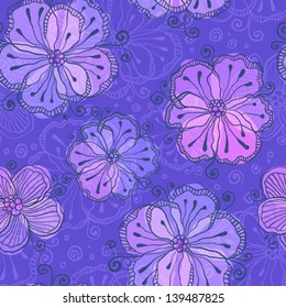 Violet doodle flowers vector seamless pattern