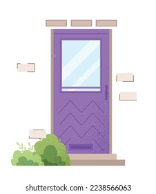 Violet door concept. Exterior and facade, outdoor. Poster or banner for website. Entrance to private house or building. Template, layout and mockup. Cartoon flat vector illustration
