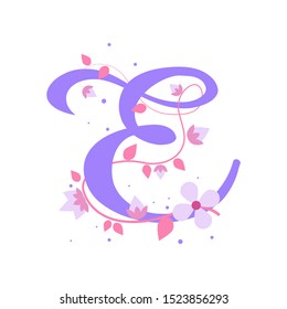 Violet E letter with flowers, alphabet illustration on white