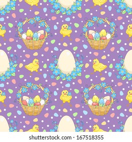 Violet Easter background with chickens. Vector seamless pattern.