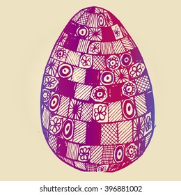 Violet Easter egg isolated zentangl pattern with lots of fine patterns of different forms in different sectors.