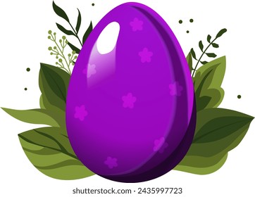 Huevo de Pascua violeta con lunares con hojas verdes y ramas en el fondo. Ilustración en estilo plano. Vector clipart para el diseño de la tarjeta, banner, flyer, venta, póster, iconos