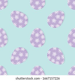 Violet Easter eggs with flowers on blue background. Seamless pattern. Vector illustration.