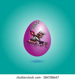 Violet egg with a bird on a green background leaf in its beak under the shadow egg