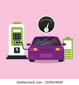 Violet electric car connected to power station charger until full speedometer fuel. Car ecology. Vector colorful illustration.