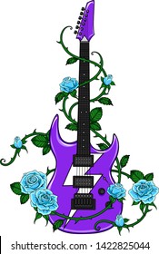 Violet electric guitar with white lightning and blue roses. Vector illustration for design prints, posters, cards, t-shirts