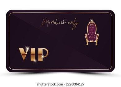 Violet elegant vip card. Modern burgundy business card with golden 3d text, crown, vintage royal throne. Luxury abstract invitation. Vector illustration for loyalty, bonus card, gift certificate	