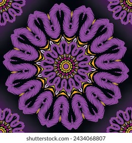 Violet embroidery floral mandalas seamless pattern. Modern tapestry ethnic vector background. Beautiful textured floral repeat ornaments. Grunge lines, swirls, circles, frames, borders, flowers.