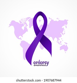Violet epilepsy awareness ribbon with hand lettering text, map. Template for background, poster, print, card, flyer. Health care conncept. Vector typographic banner.