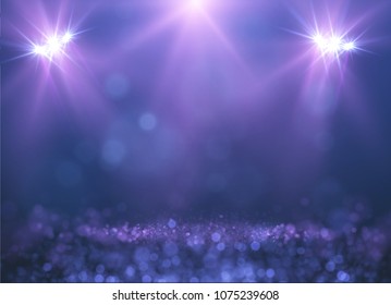 Violet falling glittering dust spotlight, luxury blurred lights bokeh vector eps10.