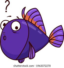 violet fish is surprised with a question orange fin on a transparent background