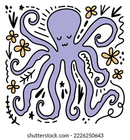 Violet flat doodle cartoon octopus, tentacles squid animal, hand drawn vector illustration isolated on white background. Sea and ocean character, aquatic marine life art. Floral childish collage