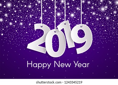 Violet flat style origami Happy New Year 2019 greeting card concept with paper cuted white numbers on ropes and shining snow. Vector illustration