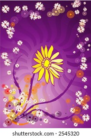 Violet Flora Background with leaves, sunflower, star shape in the middle and some branches. use as a background