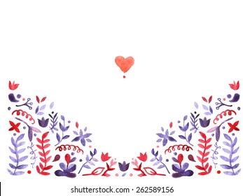 Violet floral design. floral envelope. watercolor Herbal background  for card, invitation. Sweet card wedding. Floral Banner design. Hand painted illustration.