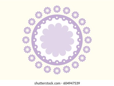 Violet floral round frame with light yellow background. Vector greeting card template. Artwork for a poster, shirt, pillow, home decor.
