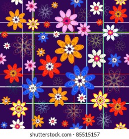 Violet floral seamless pattern with colorful strips (vector)