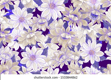 Violet Floral Seamless Pattern with Flowers Dahlias and Leaves on Dark Violet Background. Watercolor style. For Textile, Wallpapers, Print, Greeting. Vector Illustration.