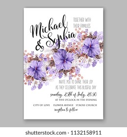 Violet Floral wedding invitation or greeting card Wreath of hibiscus for marriage baby shower bridal shower invitation, party celebration vector printable template watercolor background