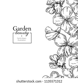 Violet flower drawing border. Vector hand drawn engraved floral frame. Viola black ink sketch. Wild botanical garden bloom.  Great for tea packaging, label, icon, greeting cards, decor