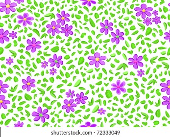 violet flower and green leaf at seamless pattern background on white backdrop