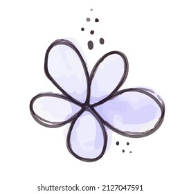 Violet flower with grey line and dots. Hand drawn with marker. Vector illustration, flat design