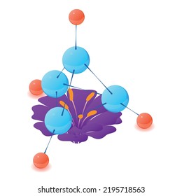 Violet Flower Icon Isometric Vector. Bloomed Violet Flower, Multicolored Molecule. Biology And Botany Science, Plant Genetic Engineering, Biotechnology