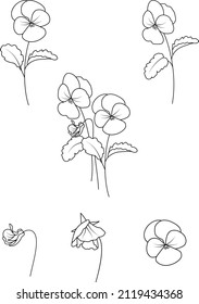 Violet flower illustration in line style  February birth month flower simple doodle set
