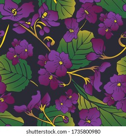Violet flower. Leaves. Vegetation. Seamless vector pattern with flowers. Hand drawing.