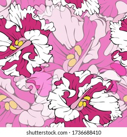 Violet flower. Leaves. Vegetation. Seamless vector pattern with flowers. Hand drawing.