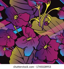 Violet Flower. Leaves. Vegetation. Seamless Vector Pattern With Flowers, Lines And Geometry. Hand Drawing.