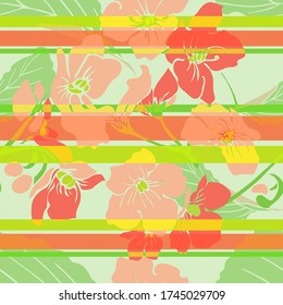 Violet flower. Leaves. Vegetation. Seamless vector pattern with flowers, lines and geometry. Hand drawing.