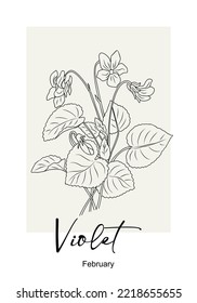 Ilustración vectorial de la línea de flor violeta. Arte mural moderno y minimalista. Dibujo de tinta negra dibujado a mano. Flor de febrero de mes de nacimiento para joyería, tatuaje, logotipo, arte en la pared, marca y diseño de empaque.