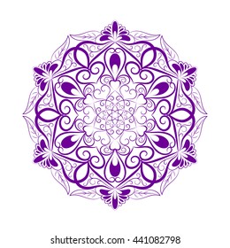 Violet Flower Mandala Over White. Invitation element. Tattoo, astrology, alchemy, boho and magic symbol for your projects