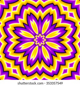 Violet flower on a yellow background (motion illusion). Seamless pattern.