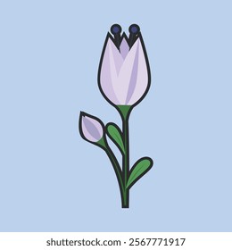 Violet flower with outline flat vector design.