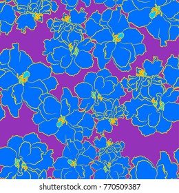 Violet flower pattern. Thin line elements. Seamless floral background.