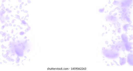 Violet flower petals falling down. Eminent romantic flowers border. Flying petal on white wide background. Love, romance concept. Decent wedding invitation.
