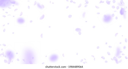Violet flower petals falling down. Ideal romantic flowers vignette. Flying petal on white wide background. Love, romance concept. Dramatic wedding invitation.