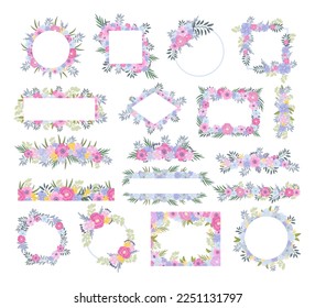 Violet Flowers Arranged in Wreath, Frame and Decorative Line Big Vector Set