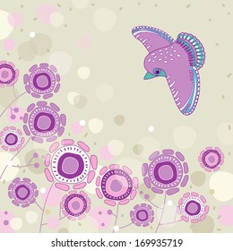 Violet flowers and bird